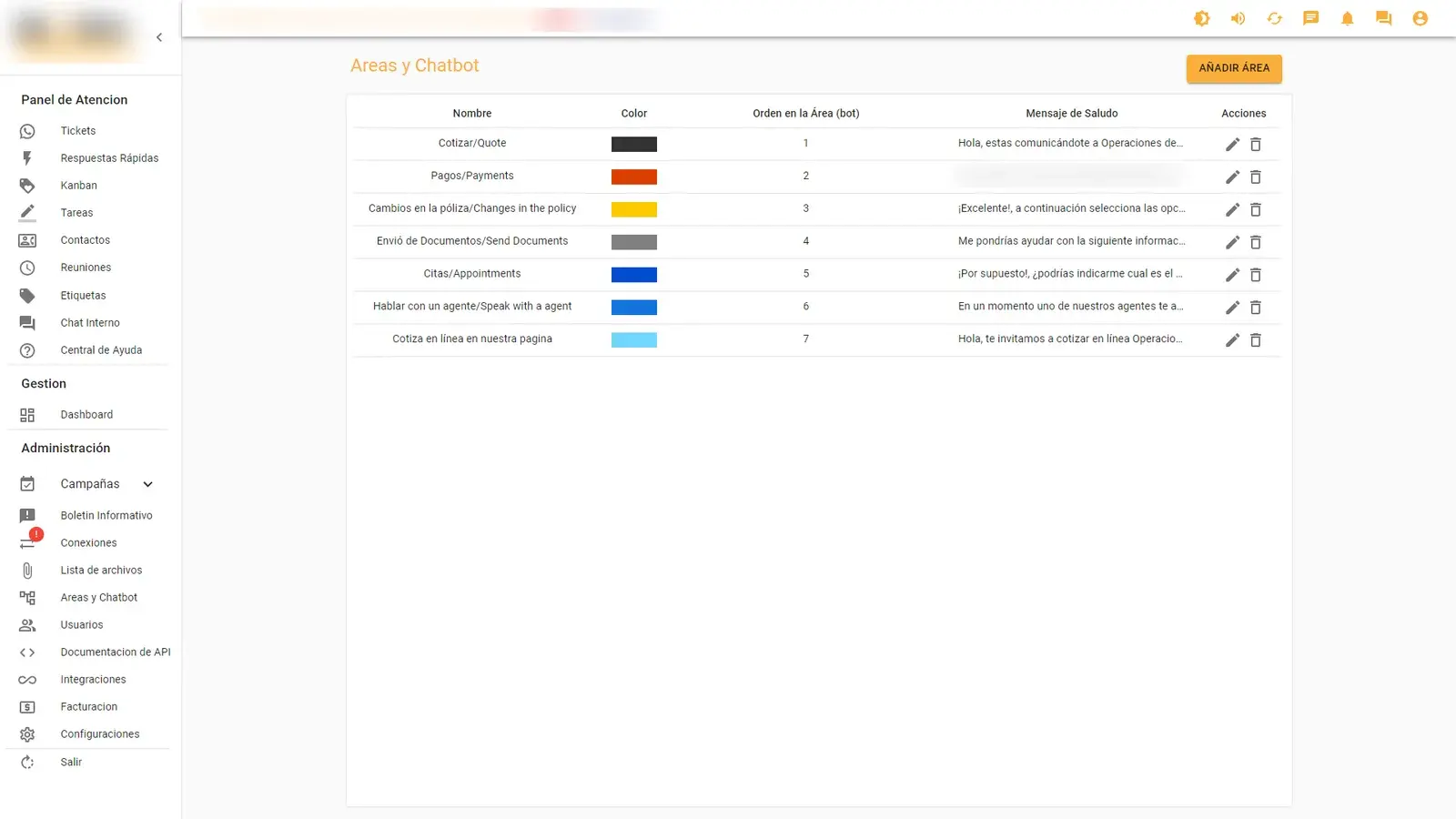 Áreas y chatbot del CRM